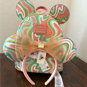 Bundle of Disney Parks Loungefly Pink and Green Swirl Backpack and matching ears